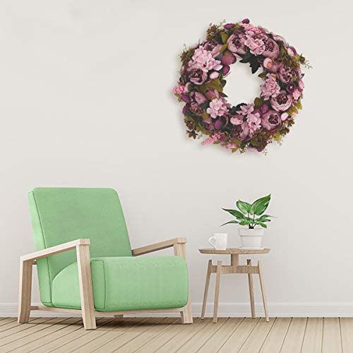 BOMAROLAN Artificial Peony Flower Wreath 19Inch Vintage Blooming Silk Peonies Spring Summer Fall Winter Large Wreaths Flower Green Leaves for Outdoor Front Door Indoor Wedding Wall Or Window Décor - color: Sweetened Bean