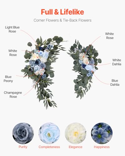 VEVOR Artificial Wedding Arch Flowers Kit, Blue Wedding Arch Flowers with Drapes Kit -2 Pcs Floral Arrangement, 2 Pcs Sheer Drapes, for Ceremony Bouquets Reception Backdrop Decoration（No Include Wood - color: Dusty Blue, size: 4 Pcs