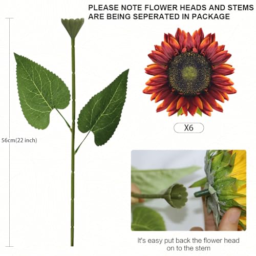 Olrla Long Stem Artificial Sunflowers 6pcs, Red Silk Faux Sunflower for Flowers Arrangement Wedding Bouquet Table Centerpieces Home Office Decoration（NO VASE） - color: Red Long Stem