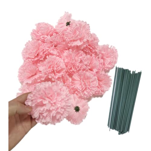 Rikyo 50 Artificial Silk Carnation Flower Head with Stems Set,Vase Fillers, Home Bridal Wedding Party Birthday Cake Ornaments,Handmade Wrist Corsage,3" Multiple Petals Heads with 8" Stems (Pink) - color: Pink