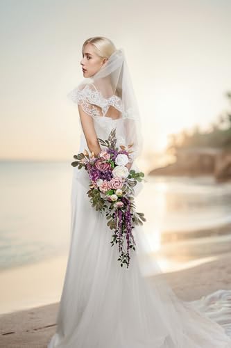 Lisuun Wedding Bouquets for Bride, 16 Inches Wedding Flower Bouquet, Silk Round Bridal Bouquet for Wedding, Ceremony, Anniversary - color: White&purple
