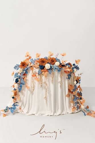 Ling's moment 9FT Eucalyptus & Willow Leaf Garland with White Flower, Handcrafted Wedding Sweetheart Table Centerpieces Head Table Decor Arch Backdrop Decorations for Wedding | Burnt Orange & Denim - color: Or-russet Orange & Denim Blue