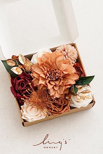 Ling's moment Terracotta Artificial Flowers Greenery Mini Box Set, Burnt Orange Fake Flower for DIY Wedding Bridal Bouquet, Centerpieces Decor, Floral Arrangement Decor, etc. - color: Terracotta & Burgundy