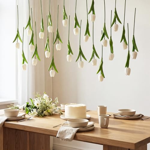 12 Pack White 5 ft Artificial Tulips Hanging Flower Garland Decorations Spring Summer Dangling Faux Tulip Floral Vine Strings with Hooks for Wall Ceiling Wedding Tea Party - color: White