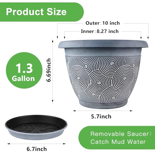10 Inch Flower Pots Planters for Indoor Outdoor Plants, 3 Pack Plastic Large Plant Pots with Drainage Hole & Tray, Modern Decorative Garden Pot with Saucer, Plant Container for House - color: Blue, size: 10 inch-3 pack