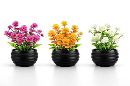 Smart Artificial Plants Set of 3, Mini Faux Flowers for Home, Office Desk, Bedroom & Bathroom Decor