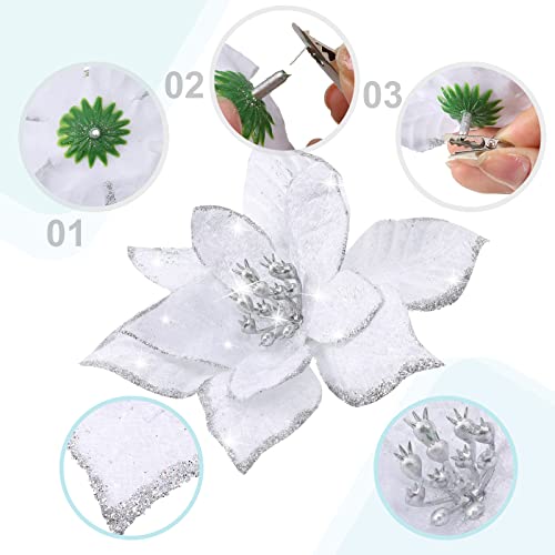 Geosar 100 Pcs 3 Size Christmas Poinsettia Flowers with Clips Glitter Artificial Flowers Small Christmas Tree Ornaments Faux for Xmas Party DIY Craft Wreath Garland New Year, 3/4/6 Inches(White) - color: White