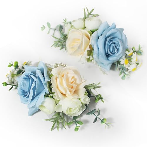 Rinlong 2Pcs Blue Champagne Wrist Corsage for Wedding, Prom, Homecoming | Bridesmaid, Mother of the Bride Corsage - color: 18-baby Blue