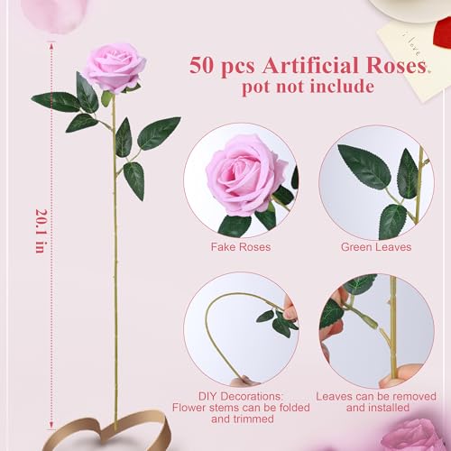 50 PCS Pink Roses Artificial Flowers, Fake Roses with Stem Realistic Silk Roses for DIY Wedding Bouquets Table Centerpieces Arrangements Baby Shower Birthday Home Decor Valentine's Day Gift for Her - color: Pink