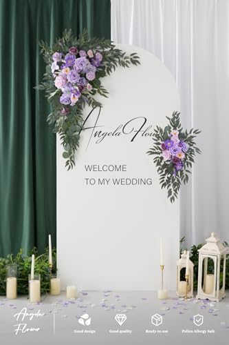 Deluxe Wedding Arch Flowers with Drapes Kit Pack of 4, 2pcs Purple Sage Hanging Silk Flowers Arrangement 2pcs Chiffon Drapes for Ceremony Arbor Party Outdoor Decor - color: Purple & Lavender