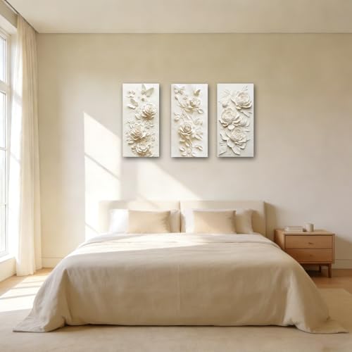 SWQYLB 3 Panel Flower Wall Art 3D Relief Floral Canvas Painting Abstract Butterfly & Rose Pictures Prints White & Beige Textured Decor for Home Framed (Gold, 32x16inchx3 Pieces) - color: Gold, size: 32x16inchx3 Pieces