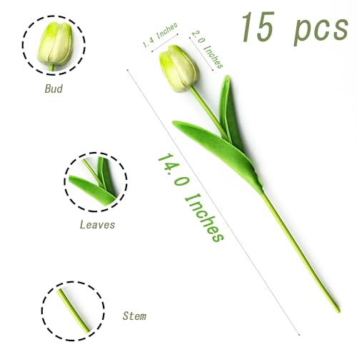 SITUMEIZI Fake Tulips Artificial Flowers Real Touch Champagne 14" 15 Pcs PU Flower for Home Decor Spring Easter Wedding Bouquet Decorations Floral Arrangements - color: Champagne
