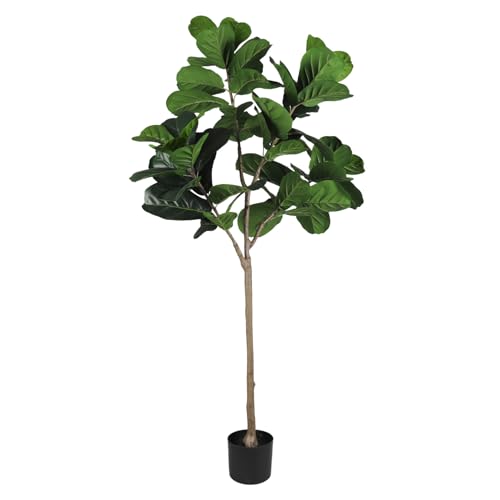 E&K 5FT Artificial Fiddle Leaf Fig Tree with Plastic Nursery Pot, Fake Tree Artificial Greenery Plant Faux Trees for Home Office Garden Indoor Outdoor Decor (1 Pack) - color: Fiddle Leaf Fig Tree, size: 5ft
