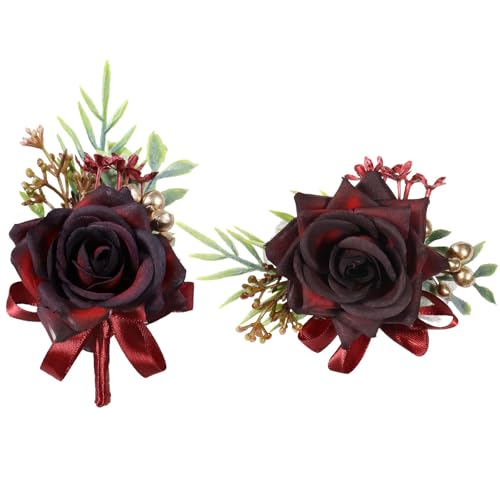 Wrist Corsage and Boutonniere Set, Artificial Burgundy Flower Women Corsage Men Boutonniere for Wedding Prom Homecoming Ceremony Anniversary (Burgundy Rose Set) - color: Burgundy Rose Set