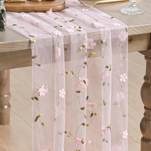 Artoid Mode 3D Flower Pink Gauze Embroidery Table Runner 120 Inch 10FT, Tulle Seasonal Spring Kitchen Dining Holiday Table Decor for Home Party - color: Pink