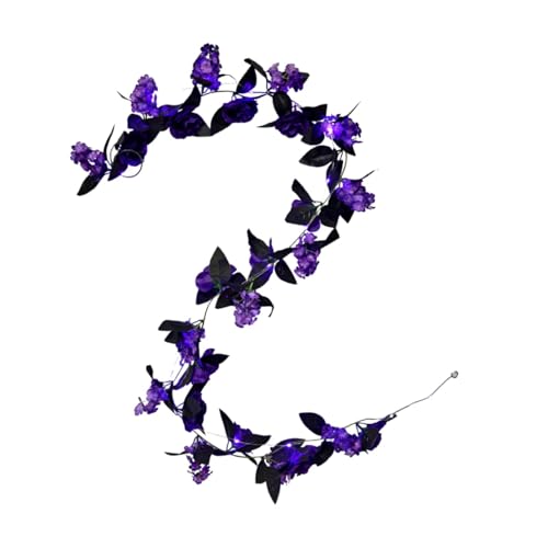 Ochine Halloween Flower Garland Decorations Rose Vines with Purple LED Light, 79 Inch Halloween Red Rose Vine Fake Floral Wall Hanging Ornaments for Halloween Decorations Wedding Home Decor