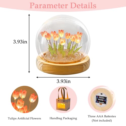 Lifnatty Tulips Lamp Gifts for Women, Tulips Artificial Flowers Night Light, Light Up Pink Tulip in Glass Dome for Bedroom, Unique Birthday Gifts for Women, Mom, Sister, Friends, Cute Home Decor