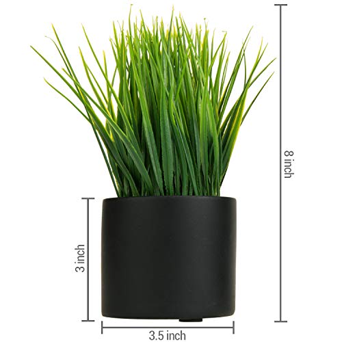 MyGift Tabletop Artificial Grass Plants Decorative Faux Greenery Plant Potted in Modern Cylindrical Black Cement Pots, Set of 2 - color: Black (Round)
