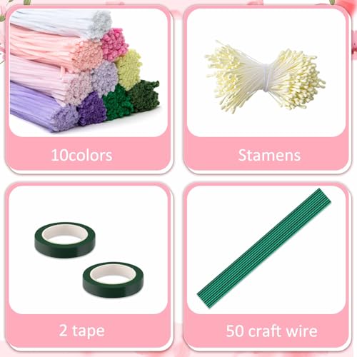 Peryiter 1402 Pcs Pipe Cleaners Flowers Set 1000 Pcs 10 Colored 12 Inch Chenille Stems for Tulip Bouquet Making Art DIY Craft Projects Creative Gift Party Wedding Decorations(Pink & Purple Flower) - color: Pink & Purple Flower