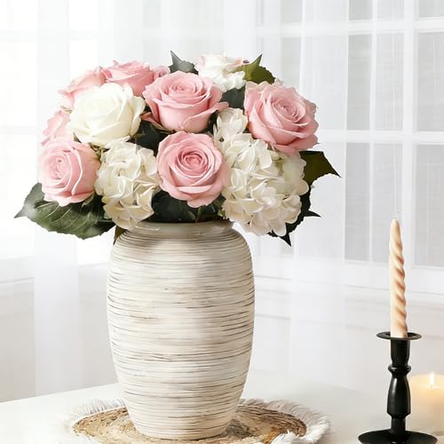 ALMA 12'' White Ceramic Vase with Wide Mouth, Mordern Boho Pampas Grass Vase for Table Centerpieces, Rustic Flower Vase for Living Room, Farmhouse, Entryway, Mantel, Bookshelf, Home Decor - color: Wide Mouth-white-12"