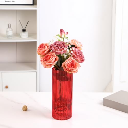 Red Glass Vase for Flowers, Ribbed Glass Vase for Tulips, Modern Red Vases, Tall Cylinder Glass Vases for Living Room, Bedroom, Dining Table, Office, Wedding, Bookshelf, 10 Inches - color: Red, size: 10''