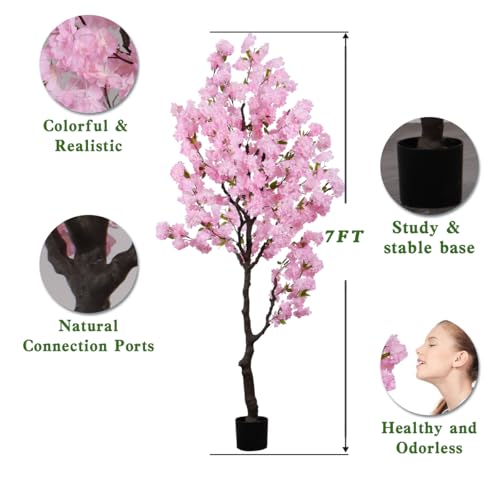BINCUE Artificial Pink Cherry Blossom Tree Fake Tree Cherry Blossom Decor Fake Flowers Faux Flowering Tree Pink Flowers Floral for Indoor Outdoor Room Home Decor Spring Gift 7FT - color: Pink-10ap