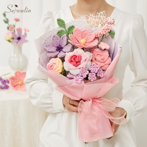Serwalin Crochet Flower Bouquet,Pink Knitted Flowers,Roses Crochet Flowers for Mother’s Day Lover Wedding Anniversary Birthday Valentine Day Back-to-School or Graduation Ceremonies Gift (with Card) - color: Athens Pink and Purple