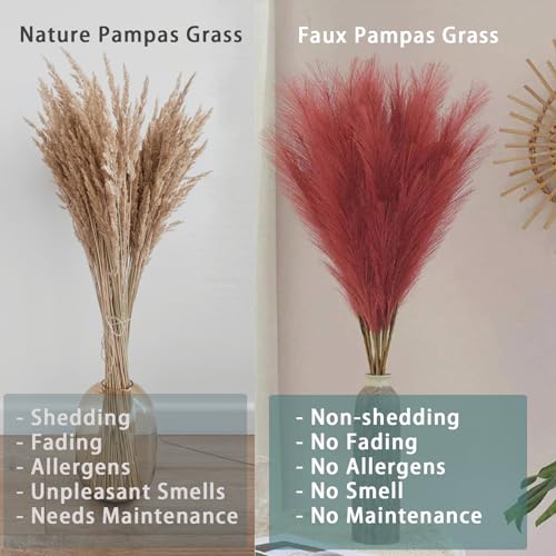 38" 10 Stems Faux Pampas Grass Tall - Red Tall Pampas Grass Decor Pompas Floral Arrangement and Vase Filler for Boho Home Wedding Mothers Day Decoration - color: Burgundy
