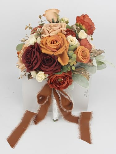Rinlong 9" Fall Wedding Bouquet for Bride, Burnt Orange Bridal Bouquet | Silk Flowers - color: Org-gold & Terracotta, size: 8" tall, 12" wide