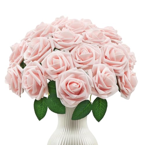 25Pcs Artificial Flowers Pink Foam Fake Roses with Stems,for DIY Wedding Bouquets White Bridal Shower Centerpieces Arrangements Party Tables Decorations and Home Decorations - color: Pink