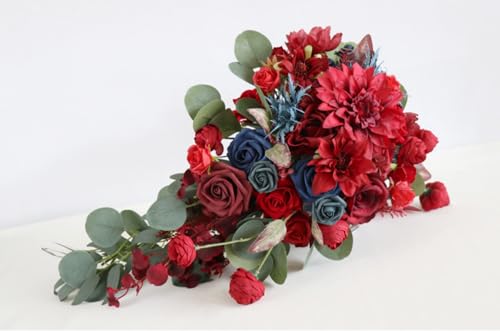 12.6 Inch Cascade Wedding Bouquet for Bride with Artificial Rose Dahlia Flower Cascading Bridal Bride Bouquet Wedding Ceremony Anniversary Bridal Shower Burgundy and Navy Blue - color: Burgundy & Blue