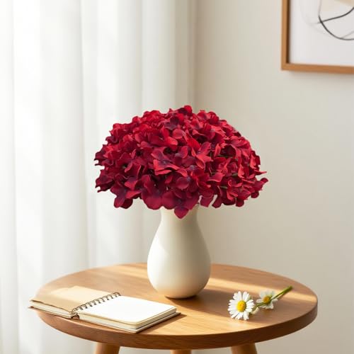 20 Pcs Dark Red Hydrangea Artificial Flowers Bulk, Faux Hydrangea Flowers Heads, Artificial Fake Silk Hydrangea Flowers with Stems, Red Flowers Artificial for Decoration Wedding Décor - color: Dark Red, size: 20 Pcs