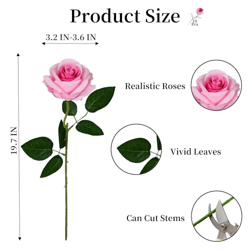 10 Pcs Dark Pink Rose Artificial Flower, Faux Silk Flowers With Long Stems, Fake Roses Bulk Bouquet for Decoration Valentine's Day Centerpieces Proposal Bridal Bouquets Shower Party Home Floral Decor - color: Dark Pink