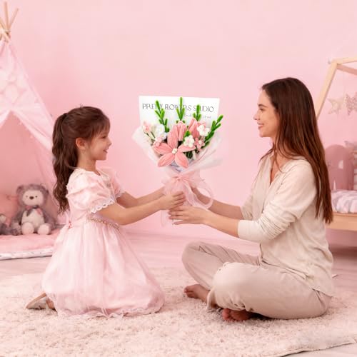 Completed Pipe Cleaners Flowers Bouquet, Pink Handmade Pipe Cleaners Bouquet, 3 Tulip 1 Lily 13 Daisy 17 PCS for Valentine’s Day Mother's Day Birthday Anniversary Wedding Home Decor Gifts - color: (Pink） Tulip Lily