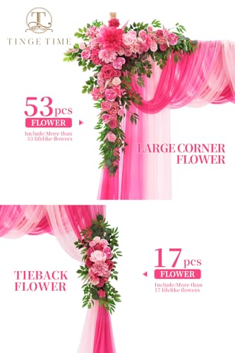 TINGE TIME Wedding Arch Flowers Kit - Deluxe 5pcs Artificial Floral Swag with 3 Sheer Drapes, Realistic Silk Flower Arrangements for Wedding Ceremony Arbor Backdrop Reception Party Home Decor - color: Hot Pink