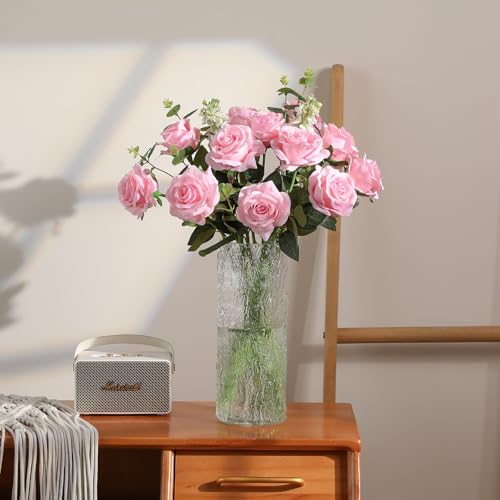 Hawesome 12PCS Artificial Silk Flowers Realistic Roses Bouquet Long Stem for Home Wedding Decoration Party (Pink, 6 Flowers 6 Buds) - color: Pink, size: 6 Flowers 6 Buds