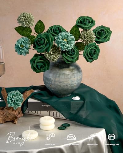BSMYBO 23pcs Green Flower Artificial Roses Faux Flowers with Stems Mix Fake Roses Dahlia Chrysanthemum Ball for Wedding Bridal Bouquets, Table Centerpieces, Baby Shower, Party, Home Decorations - color: Dark Green, size: PureBlooms