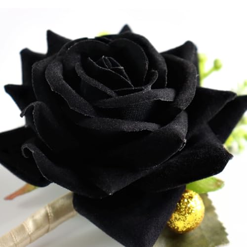 Artificial Black Rose Flowers Boutonnieres for Men Best Men Wedding Groom Groomsmen Handmade Silk Flowers Boutonniere for Wedding Anniversary Prom Homecoming Dance Black Rose Boutonniere - color: Black Rose Boutonniere