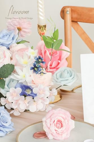 Floroom Pink Blush Blue Artificial Flowers Fake Roses Peonies and Greenery Combo Box Set for DIY Wedding Bouquets Bridal Shower Centerpieces Floral Arrangements Party Tables Home Decorations - color: Ethereal Blossom Symphony
