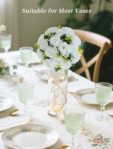 BLOSMON White Flowers for Wedding Centerpieces: 10 Pcs Artificial Roses Flower Balls for Table - Fake Silk Kissing Bouquet Floral Arrangement Center for Home Party Event Decor - color: White
