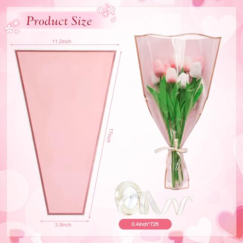 Wzifyf 50 PACK Flower Bags for Bouquets Flower Bouquet Holders Pink Floral Wrapping Paper flower Sleeves Build Your Own Bouquet Bar with 72 Ft Ribbons for Valentine's Day Packaging Supplies - color: Pink, size: bouquet wrap