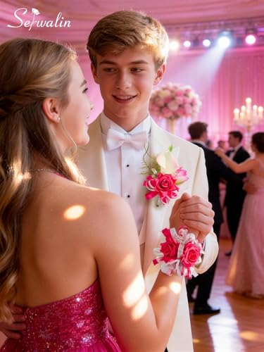 Serwalin Hot Pink Prom Corsage and Boutonniere Set, Artificial Calla Lily & Rose Wrist Corsage Wristlet for Homecoming, Formal Dance, Wedding Flowers Accessories Party Suit Decorations - color: Hot Pink