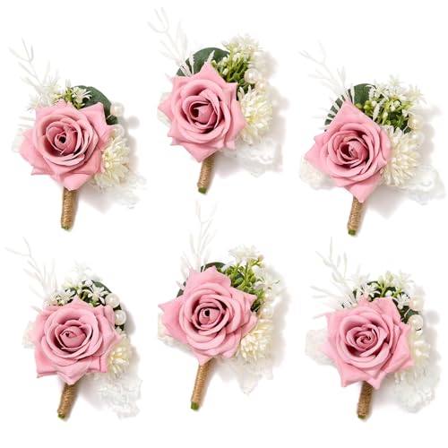 Serwalin 6 Pcs Pink Boutonniere for Men, Groom Groomsmen Best Man Guest Boutonnieres，Artificial Flowers Silk Rose for Wedding Prom Ceremony Anniversary Party Homecoming - color: Pink, size: Boutonniere 6pcs