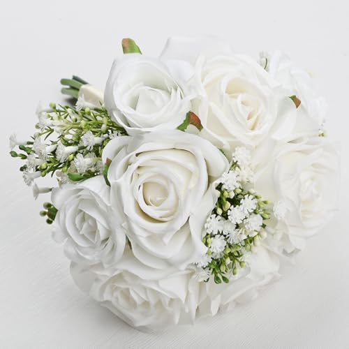 Wedding Bridesmaid Bouquets Set of 4, Artificial Silk Flowers Arrangement for Ceremony Marriage Proposal Party Anniversary Decorations - White - color: White, size: Set of 4 Bouquets