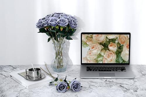 SITUMEIZI 15PCS Artificial Roses Silk Flowers Fake Roses Realistic Bouquet Long Stem with Gift Box for Mother's Gift Day Home Party Wedding Decorations(Silver) - color: Silver