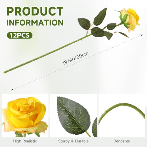 Tifuly Yellow Roses Artificial Flowers -12 pcs Realistic Single Long Stem Fake Silk Roses Bouquet for Party Home Wedding Centerpiece Office DIY Decor - color: Yellow