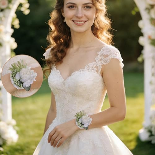 6pcs White Faux Silk Rose Wrist Corsages for Woman Wedding Prom | White Artificial Wrist Corsage for Wedding Prom Homecoming Anniversary Formal Party Engagement for Bride Bridesmaid - color: White3# Wrist Corsage (6 Piece)