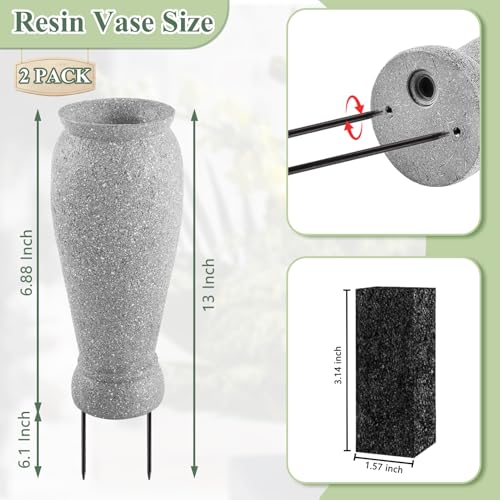 Consevisen Artificial Cemetery Flowers for Grave with Vase, Set of 2 Silk Rose Lily and Red Berry Realistic Memorial Bouquets with Resin Vases, Outdoor Grave Decorations for Headstones