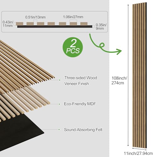 2 Pack Wood Panels for Wall, 108" x 11" Wood Slat Acoustic Panels, Acoustic Wall Panels for Interior Wall Decor, Sound Absorbing Wall Panels for Noise Reduction and Decoration, Ashen Oak - color: Ashen Oak, size: 2PCS-108" x 11"