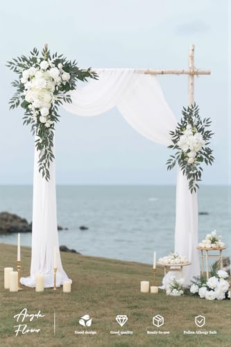Deluxe Wedding Arch Flowers with Drapes Kit Pack of 4, 2pcs White Sage Hanging Silk Flowers Arrangement 2pcs Chiffon Drapes for Ceremony Arbor Party Outdoor Decor - color: White & Ivory